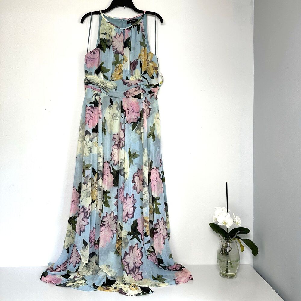Nwt R&M Richards Women's 16 Long Floral Printed Metallic Keyhole Halter Dress